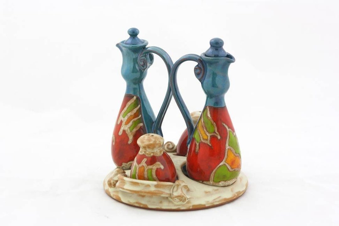 Olive Oil and Balsamic Vinegar Dispenser Ceramic Set, Wheel Thrown