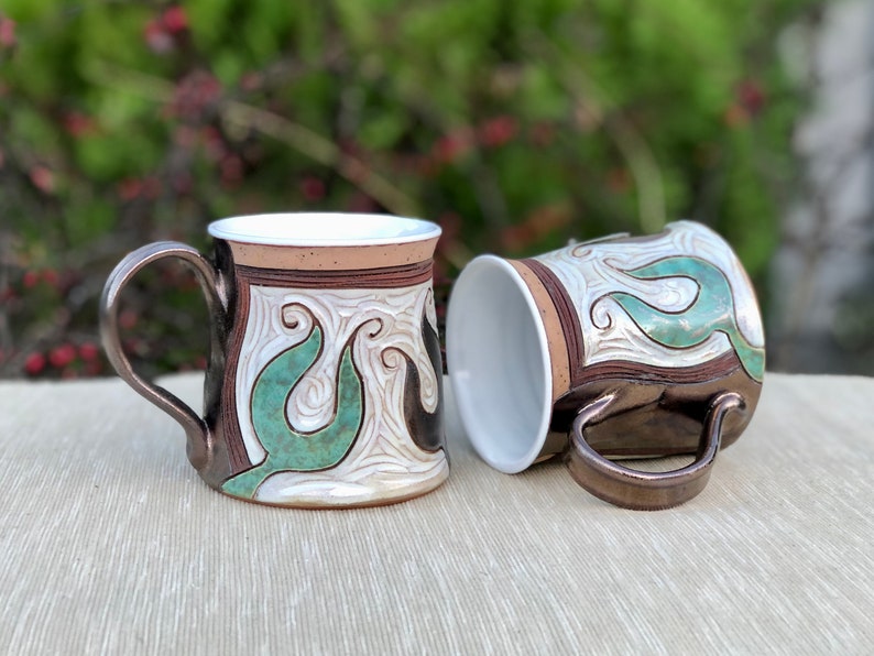 Ceramic Coffee Mug, Pottery mug, Gold and Green Mug, Tea Mug, Coffee Lovers Gift, Mugs Pottery, Unique Coffee mugs image 2