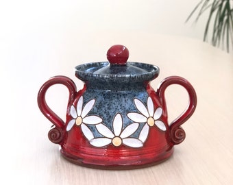 Ceramic Sugar Cellar, Wheelthrown Sugar Dish, Handmade Pottery sugar bowl, Hostess gift, Sugar canister, Daisy sugar bowl, Christmas gift