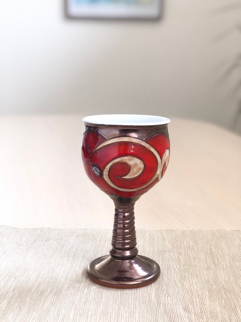 Christmas Gift Ceramic Wine Glass, Handmade Pottery Goblet, Red Pottery Chalice, Wedding Glass, Gift for her, Art Pottery Wine Glass image 9