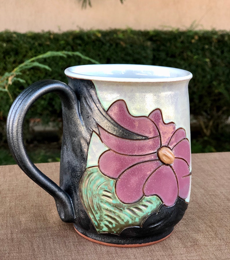 Large Floral Mug, Pottery Beer mug, Handmade Ceramic Stein, Stoneware Tankard Mug, Beer Lover Gift image 3