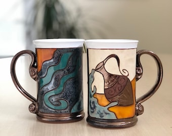 Birthday Aquarius Mug, Handmade Ceramic Gift, Astrology mug, Zodiac Pottery Cup, Handmade pottery cup, Wheel thrown Ceramic Mug