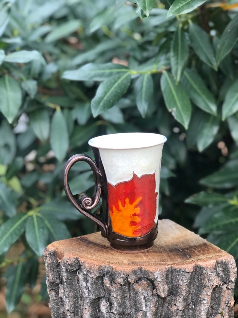 Ceramic Coffee Mug, Orange Flower Cup, Wheel Thrown Pottery Mug, Handmade Teacup, Coffee Lovers Gift, Tri Ushi image 8