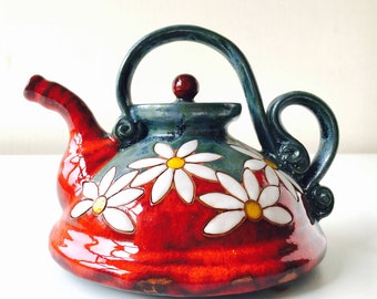 Handmade Teapot, Daisy Wedding Gift, Red and Blue Tea Maker, Unique Coffee and Teamaker, Pottery Teapot, Kitchen Decor