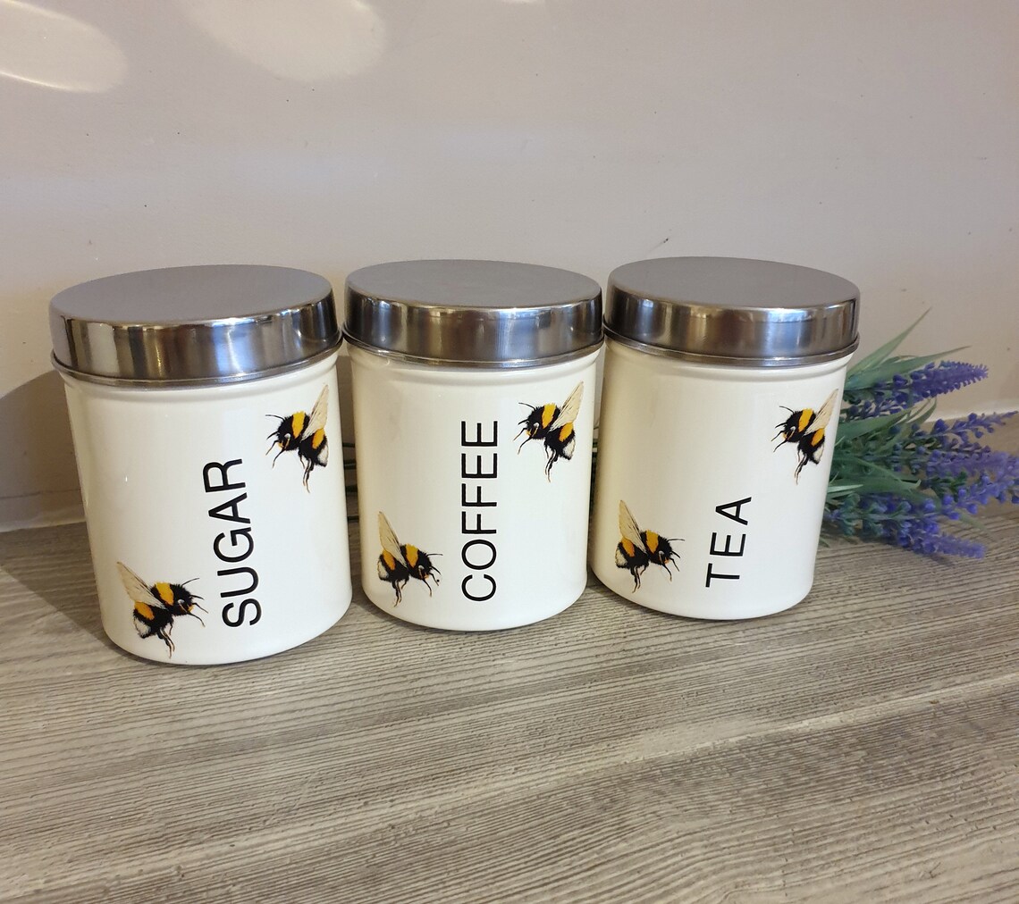 Set of 3 WHITE bee tea coffee sugar storage canisters Etsy