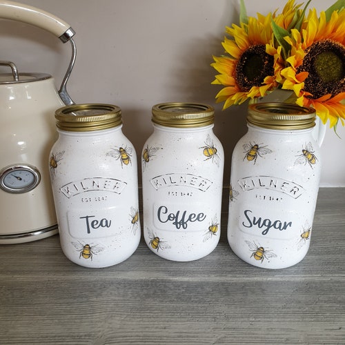 White Honey Bee Kitchen Canisters Tea Coffee Sugar Jars Etsy UK