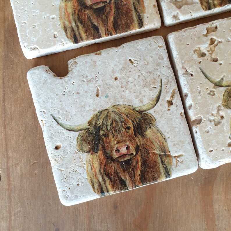 Set of 2 rustic natural stone Highland Cow coasters Etsy