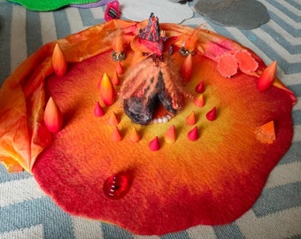 XL 70cm Fiery Warm Colours Hand Felted Playmat, Ultra Premium Beautiful natural handmade playscape, imaginative play base