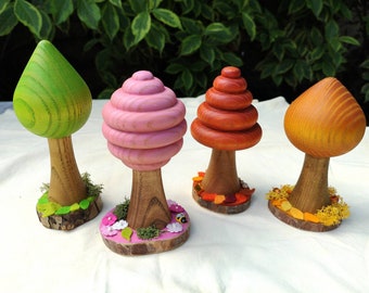 Wooden Toy Tree Set with seasonal decorated wooden bases, Hand Turned Rounded Trees, 10-13cm high, Waldorf play forest, Natural toy.