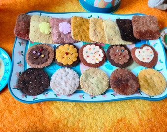 Toy biscuits, cookies, crackers. Hand stitched from pure soft hand dyed 100% wool felt, very lifelike. Small world play, role play baking.