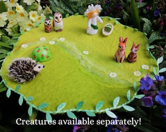 Felted Playmat, Fairy Glade playscape.  Premium quality mini 30cm mat. Pure wool with ribbon leaf trim.
