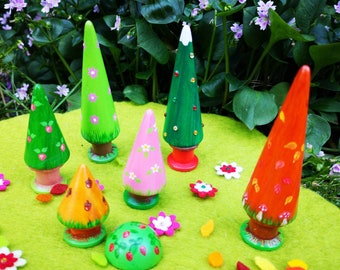 Set of Wooden Cone Trees: Seasonal, Rainbow or Pastel, with Trunks. 3-8cm high, Hand painted, Small World or Loose Parts Play, Nursery Decor