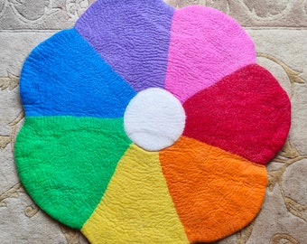 Ltd Edition Premium XL 70x70cm Hand Made Wool Felted Rainbow Flower Colour Teaching Playmat.