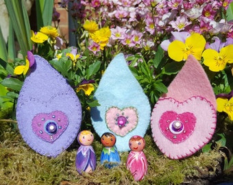 Peg Doll Baby Flower Fairy in Hand Stitched Petal Sleeping Bag. Handmade Fairy Elf Doll wooden toy fairy. Choice of Colours & Style. Age 4+