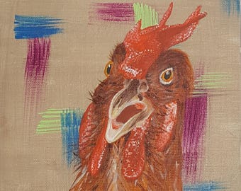 May include: A painting of a brown chicken with a red comb and wattle. The chicken is looking directly at the viewer with its mouth open. The background is a light brown with colorful brushstrokes in shades of blue, green, and purple.