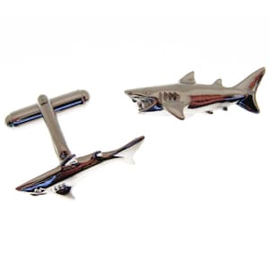 Silver Shark Cufflinks.  Hallmarked Silver Great White Shark JAWS Cufflinks