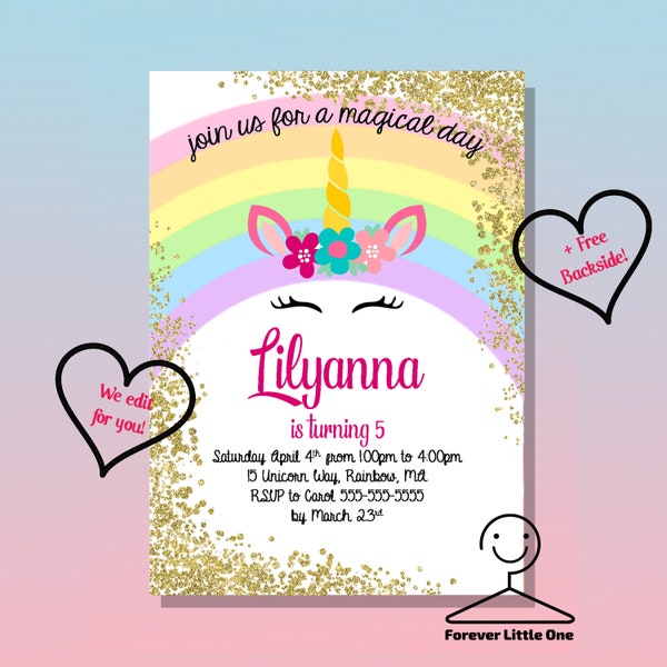 Personalized Unicorn Birthday Invitation | Downloadable | We edit for you! | Happy Birthday Invitation | Magical Rainbow | Digital File i002