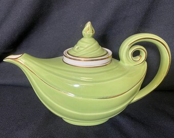 Théière vintage Hall Aladdin : verte avec bordures dorées, trouvaille rare