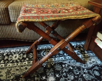 Price Reduction! RARE One of a Kind Vintage Mahogany Foldable Luggage Rack/Stool. Carpet Bag Style Fabric on Top. Absolutely Unique!
