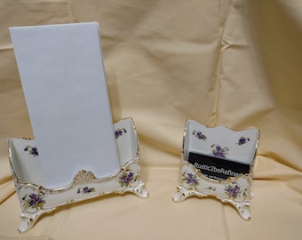 Ensemble de rangement de bureau vintage en porcelaine allemande, fleurs violettes, bordure dorée