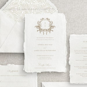 Modello di invito a nozze con stemma / Suite di invito calligrafico per matrimonio elegante / Invito con monogramma stampabile / Corona di alloro dorata