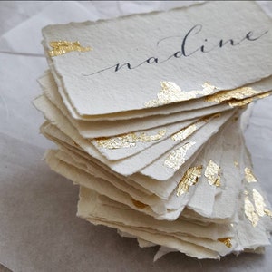 Calligraphy Name Place Cards with Gold Leaf | Handwritten Flat Name Card | Deckle Edge Paper Wedding Place Card | Paper Wedding Table Card