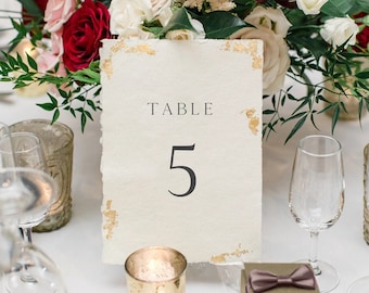 Wedding Table Numbers with Gold leaf on Deckle Edge Paper | Luxury Wedding Table Names with Gold Leaf | Handmade Paper Gold Table Number