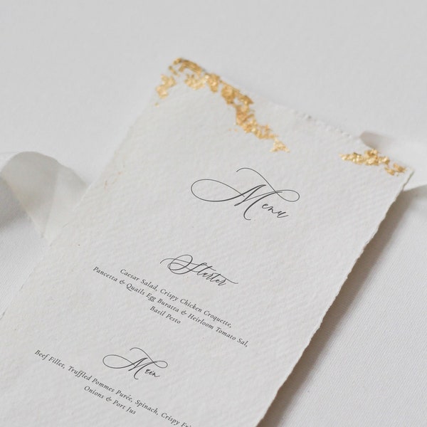 Wedding Menu Card with Modern Calligraphy and Gold Leaf