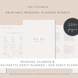 May include: A printable wedding planner bundle with over 200 pages. The bundle includes a wedding planner, a bachelorette party planner, and a hen party planner. The cover of the wedding planner features the text "WE DO WEDDING PLANNER".