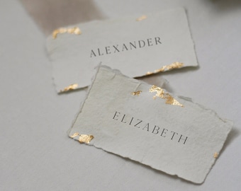 Personalised Name Place Cards with Gold Leaf | Printed Flat Name Card | Deckle Edge Paper Wedding Place Card | Paper Wedding Table Card