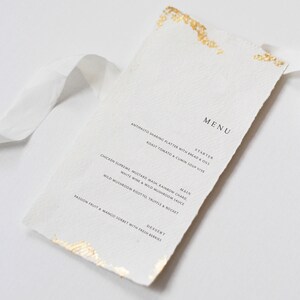 Carte de menu de mariage minimaliste avec feuille d'or | Menu de mariage en feuille d'or | Papier de chiffon en coton de luxe pour menu de mariage