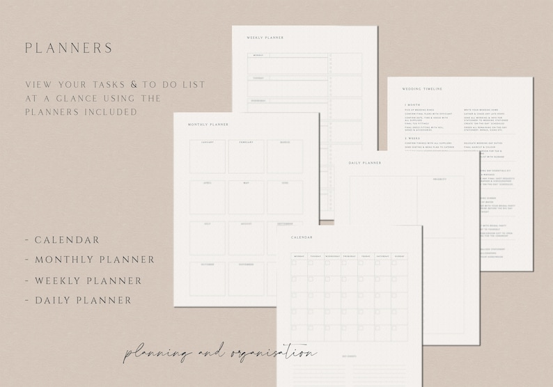May include: A set of printable planners in black and white, including a calendar, monthly planner, weekly planner, and daily planner. The text "planning and organisation" is at the bottom of the page.