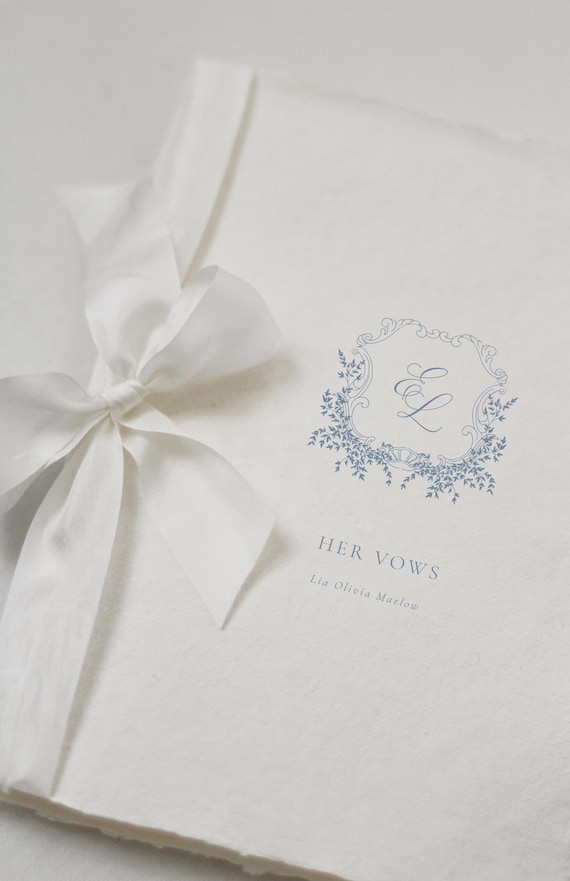 Luxury Wedding Crest Bride & Groom Vow Books | Set of 2 Husband Wife Vow Books | French Blue Vow Books Silk Ribbon | Handmade Vow Book