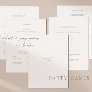 May include: A set of printable party games with a minimalist design. The pages are white with black text and include games like "Would You Rather", "Ice Breakers", and "Drink It".