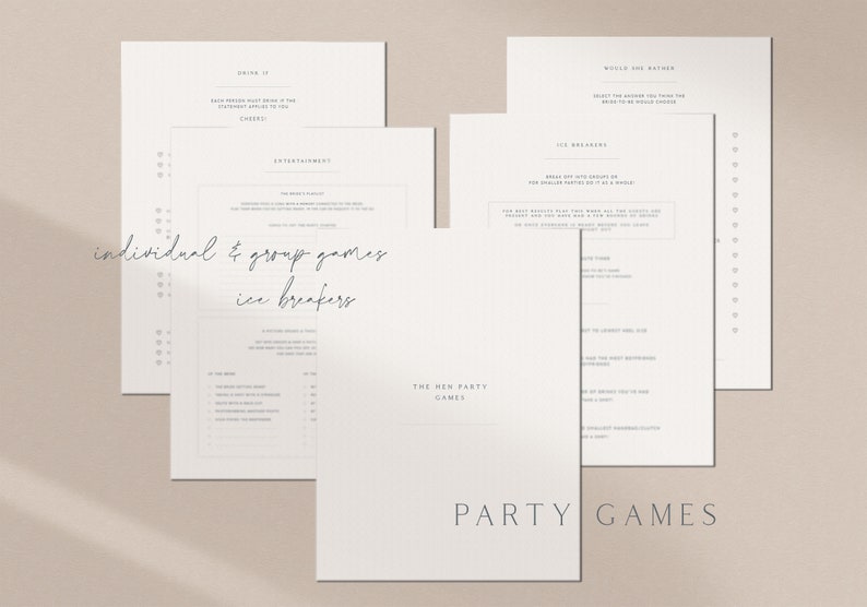 May include: A set of printable party games with a minimalist design. The pages are white with black text and include games like "Would You Rather", "Ice Breakers", and "Drink It".