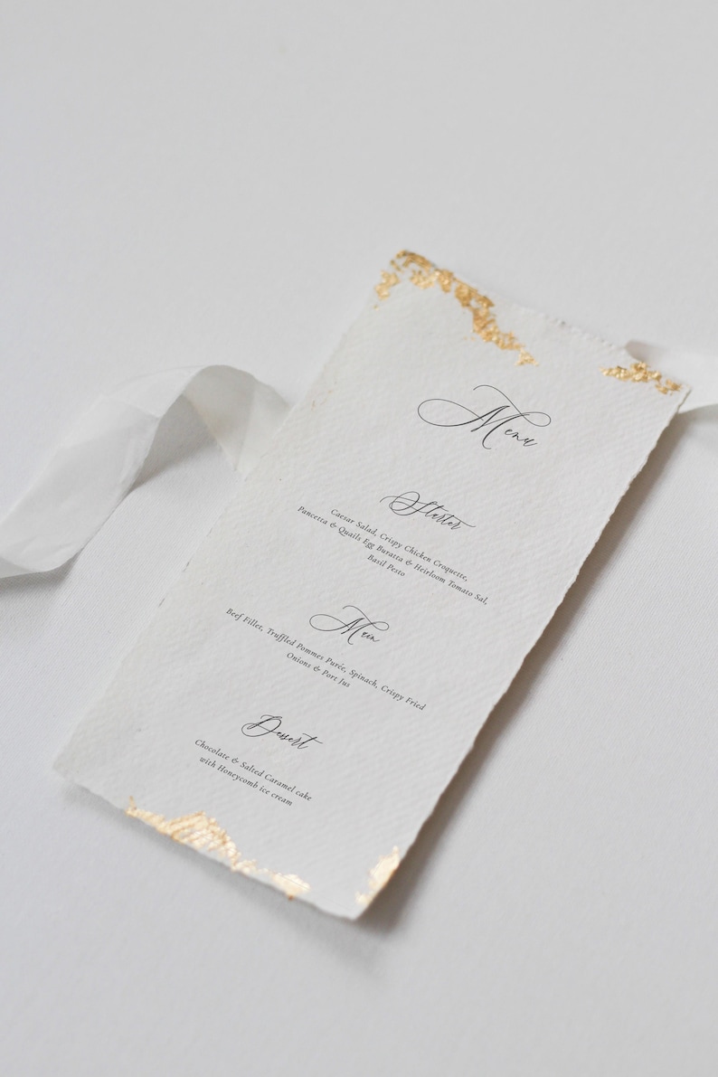 Wedding Menu Card with Modern Calligraphy and Gold Leaf image 1