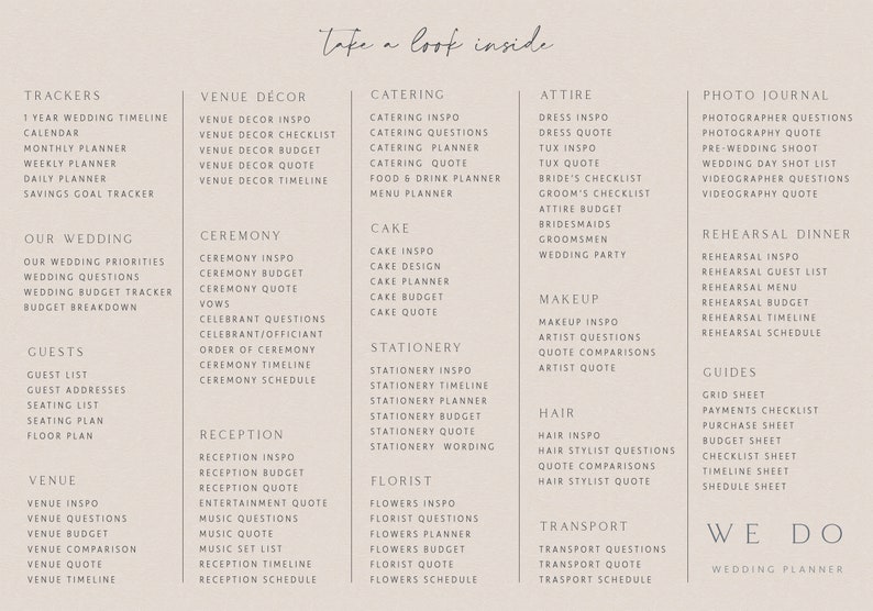 May include: A beige wedding planner checklist with the text "Take a look inside." at the top. The checklist is divided into categories such as "Trackers", "Venue Decor", "Ceremony", "Reception", "Cake", "Stationery", "Florist", "Attire", "Makeup", "Hair", "Transport", "Photo Journal", "Rehearsal Dinner", and "Guides".