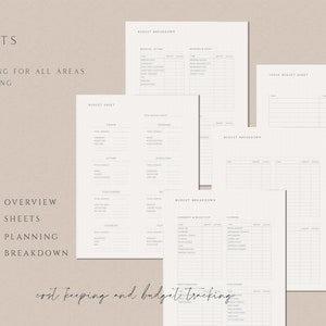 May include: A set of printable budget sheets for planning and tracking expenses. The sheets include sections for budget overview, budget sheets, budget planning, and budget breakdown. The text "cost keeping and budget tracking" is written at the bottom of the page.