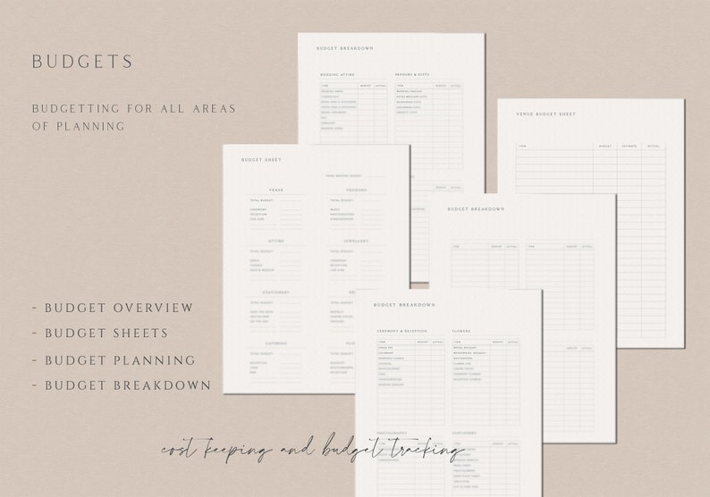 May include: A set of printable budget sheets for planning and tracking expenses. The sheets include sections for budget overview, budget sheets, budget planning, and budget breakdown. The text "cost keeping and budget tracking" is written at the bottom of the page.