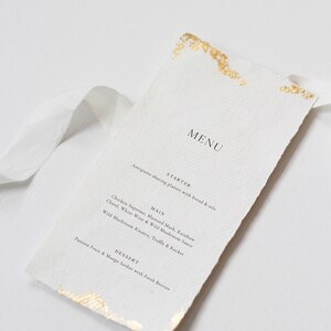 Carta menu di nozze moderna con foglia d'oro / Menu di nozze in lamina d'oro / Menu di nozze di lusso Carta di straccio di cotone