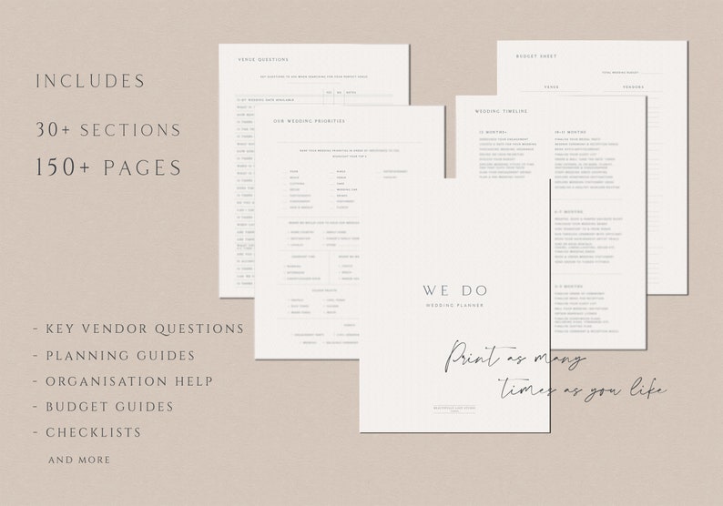 May include: A printable wedding planner with the title "We Do" and the tagline "Print as many times as you like". The planner includes sections for key vendor questions, planning guides, organization help, budget guides, checklists, and more.