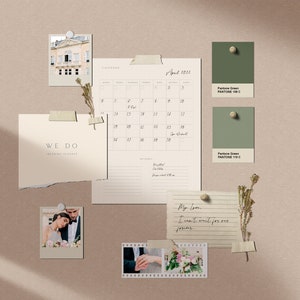 May include: A corkboard with various items pinned to it, including a calendar for April 2023, a photo of a building, a photo of a couple, a handwritten note, and two color swatches labeled "Pantone Green".