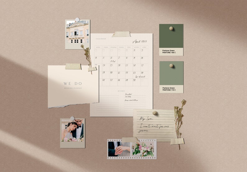 May include: A corkboard with various items pinned to it, including a calendar for April 2023, a photo of a building, a photo of a couple, a handwritten note, and two color swatches labeled "Pantone Green".