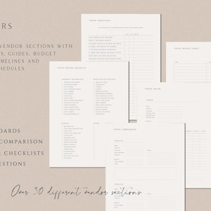 May include: A printable wedding planner with sections for vendors, checklists, budgets, timelines, and setup schedules. The planner includes sections for mood boards, quote comparisons, vendor checklists, and key questions. Over 30 different vendor sections are included.