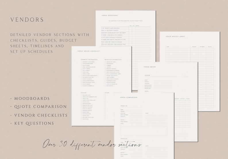 May include: A printable wedding planner with sections for vendors, checklists, budgets, timelines, and setup schedules. The planner includes sections for mood boards, quote comparisons, vendor checklists, and key questions. Over 30 different vendor sections are included.