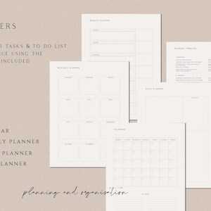 May include: A set of printable planners in black and white, including a calendar, monthly planner, weekly planner, and daily planner. The text "planning and organisation" is at the bottom of the page.