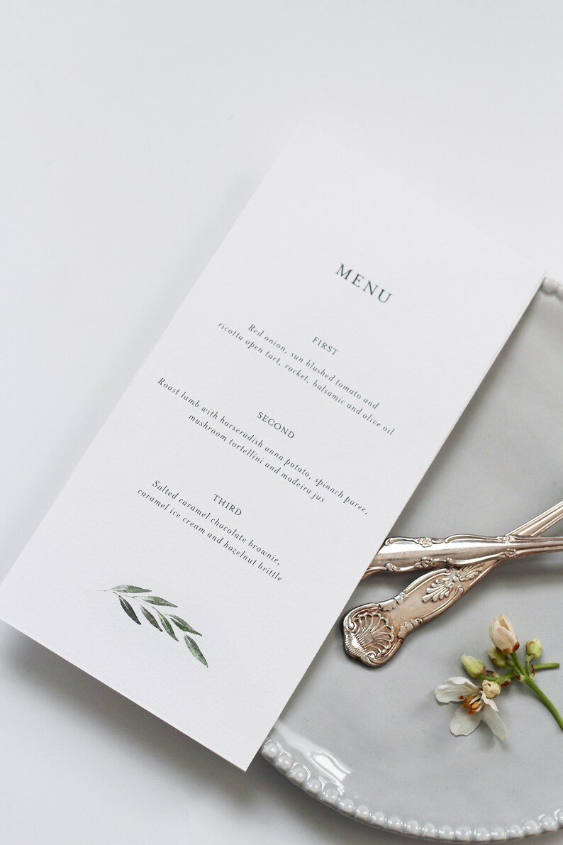 Wedding Menu Card with Watercolour Leaf image 2