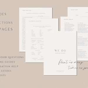 May include: A printable wedding planner with the title "We Do" and the tagline "Print as many times as you like". The planner includes sections for key vendor questions, planning guides, organization help, budget guides, checklists, and more.