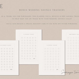 May include: Four printable wedding savings trackers with a grid of circles to mark off savings goals. The trackers are labeled "100 Wedding Tracker" and "200 Wedding Tracker".