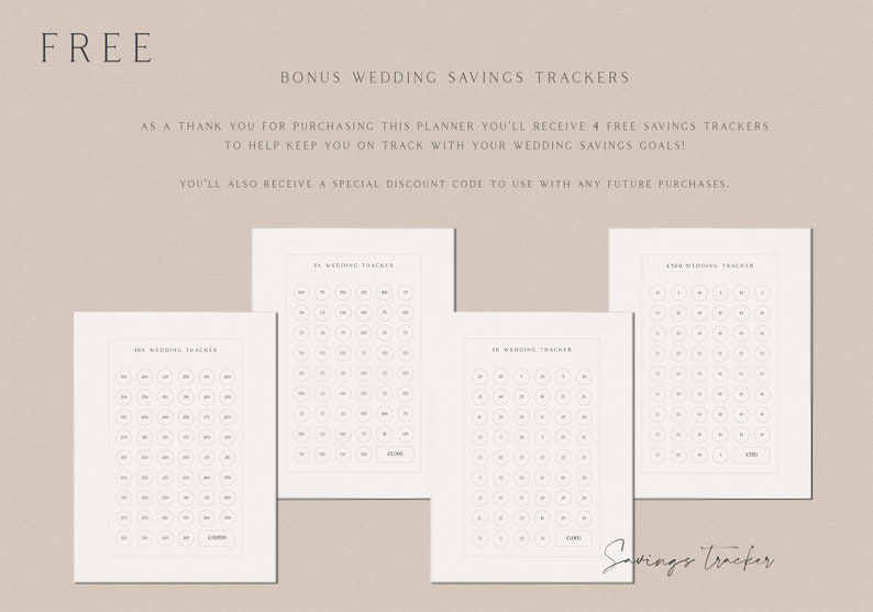 May include: Four printable wedding savings trackers with a grid of circles to mark off savings goals. The trackers are labeled "100 Wedding Tracker" and "200 Wedding Tracker".